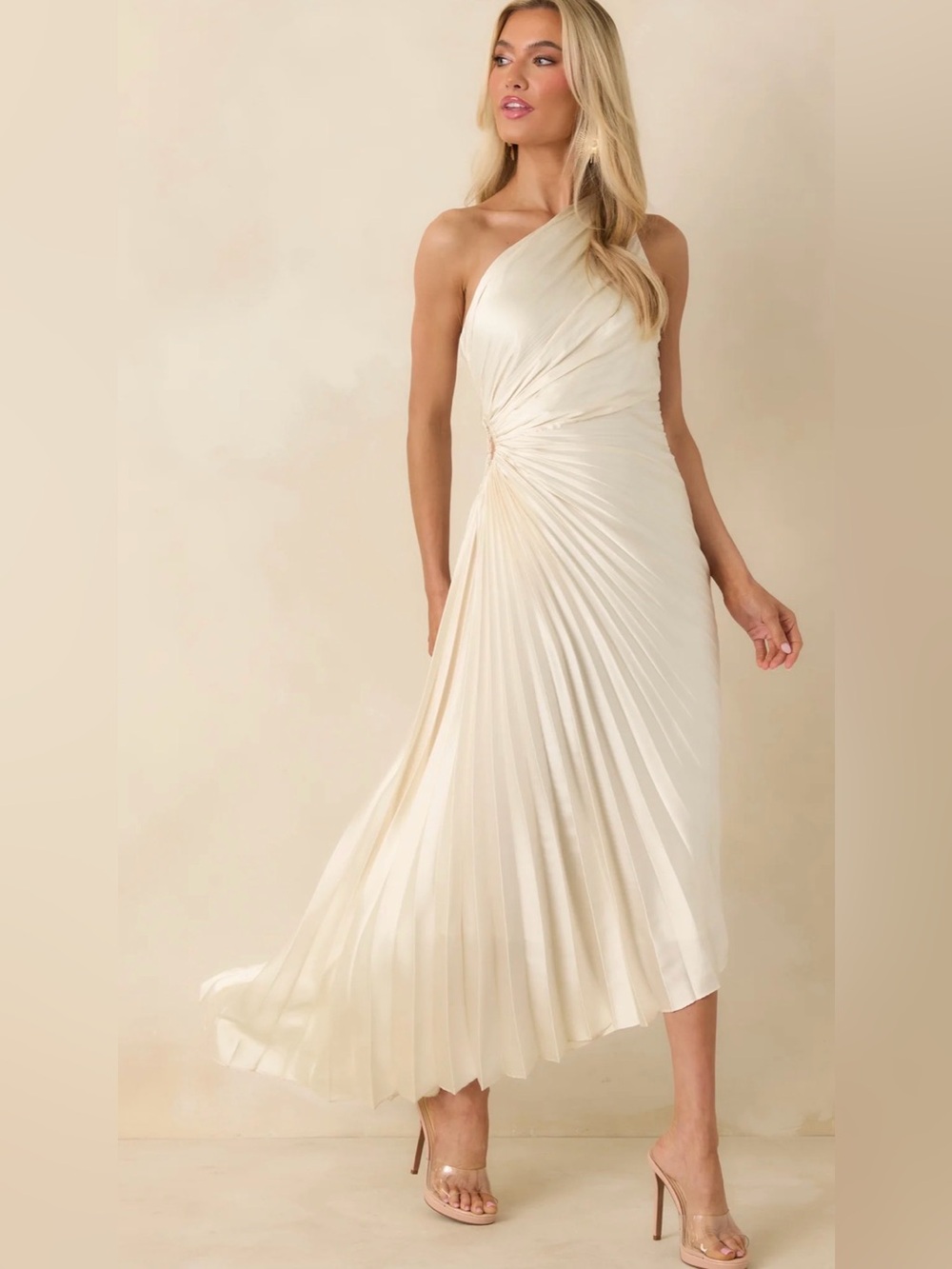 Pearl White One-Shoulder Pleated Ivory Evening Gown - Picture 2 of 10